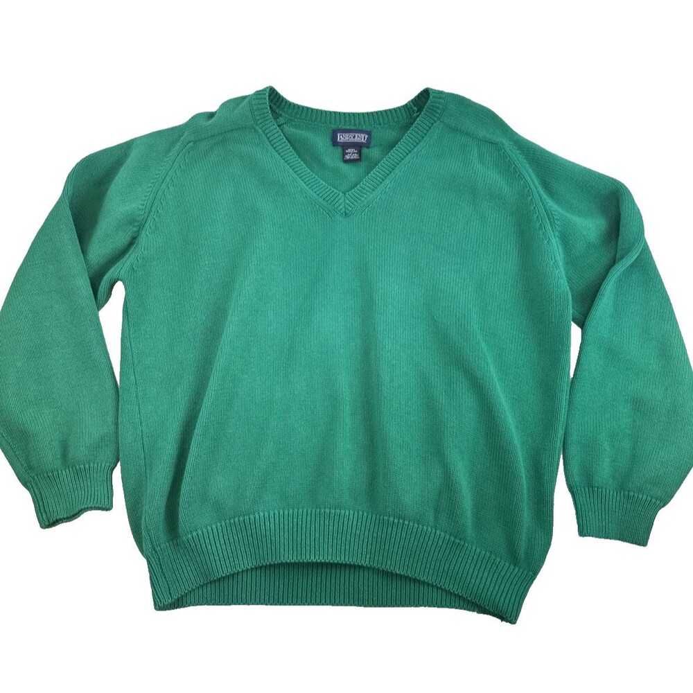 Lands End Vintage Cotton V-Neck Sweater Kelly Green Pullover Mens Large 42-44